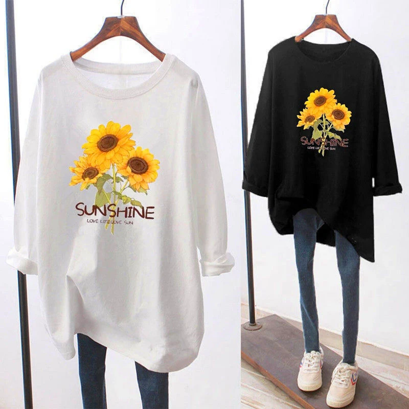 Women Simple Floral Print Oversized Streetwear Cotton T-shirts Spring Autumn Casual O Neck Long Sleeve Tunic Top Female Clothing