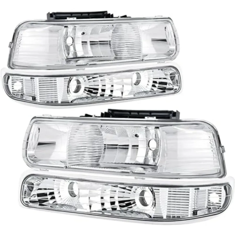 

Headlights Assembly for 1999-2006 Chevy Silverado Suburban Tahoe Chrome Housing Clear Lens with Bumper Lights 4Pcs