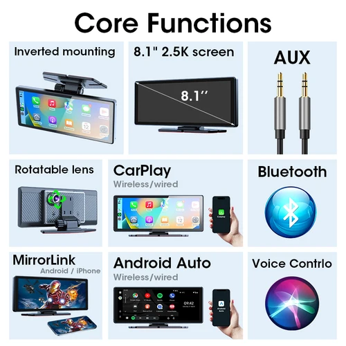 Imagen 2 del producto 8,1 pulgadas inalámbrico Carplay y Android Auto 2,5 K coche DVR Multimedia 5G WIFI Dashcam cámara de visión trasera GPS navegación tablero FM AUX