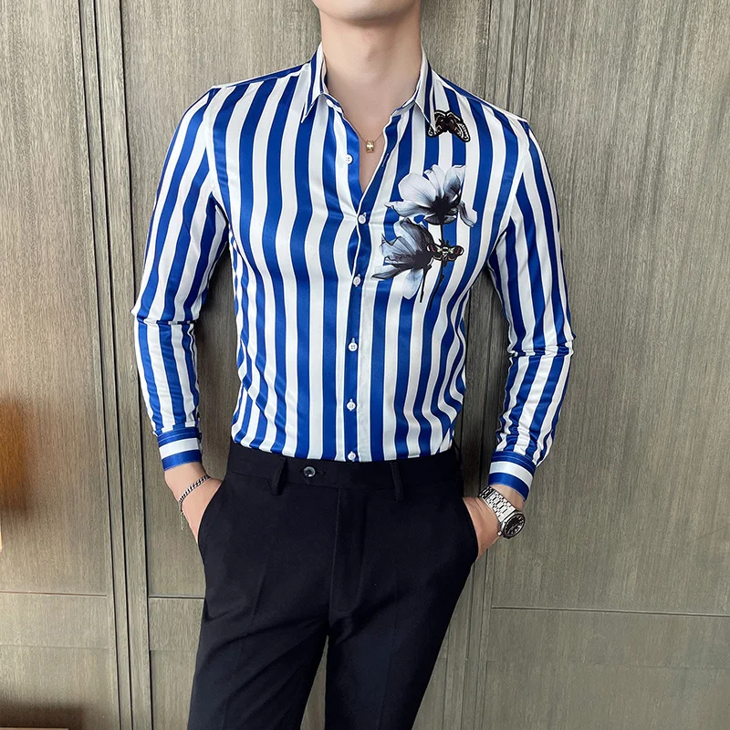 

Fashion Striped Flower Shirts Men Long Sleeve Slim Casual Shirt Male Business Formal Dress Clothing Social Party Tuxedo Blouse