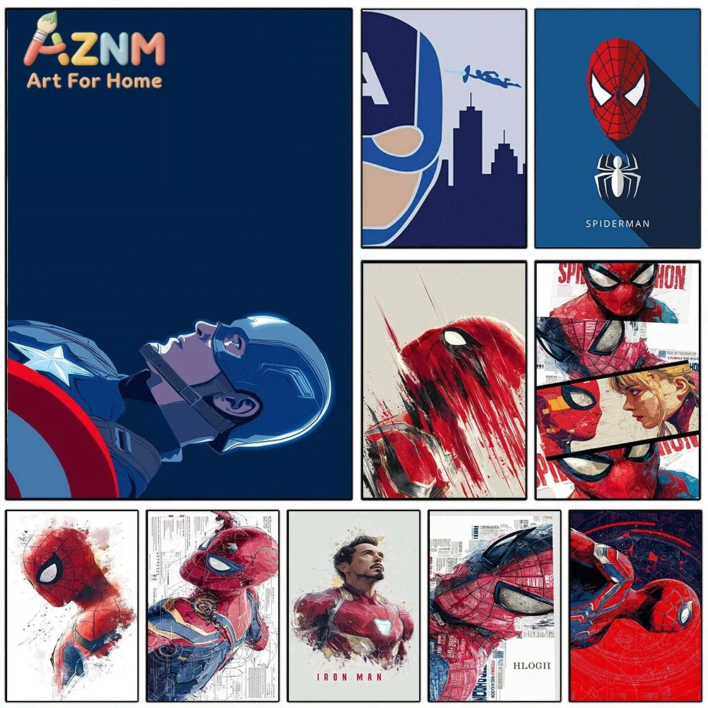 Marvel Superhero Captain America Spider‑Man Iron Man Canvas Wall Poster,Watercolor Comic Style Art Print,Unframed Canvas Paint