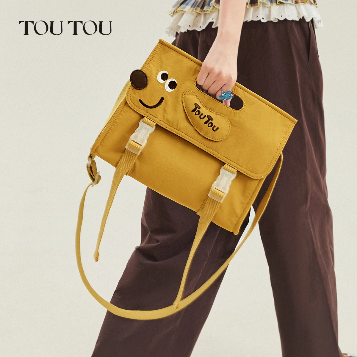 toutou Cute Puppy Canvas Tote Bag, 3D Embroidery Shoulder Bag, Lightweight Large Capacity Crossbody Bag with Adjustable Strap