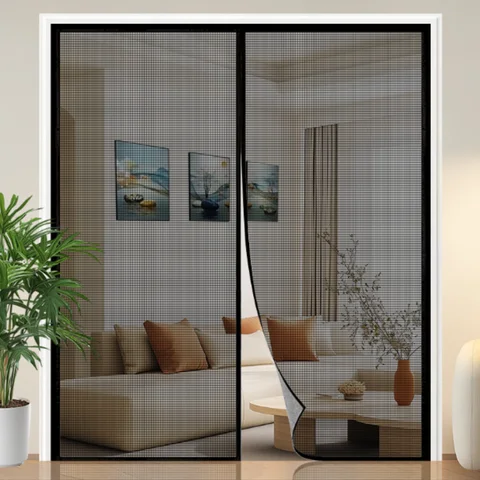 Extra Large Summer Black Fiberglass Mesh Magnetic Screen Door for Home No-Drill Mosquito Proof Breathable Soft Screen Door Curta