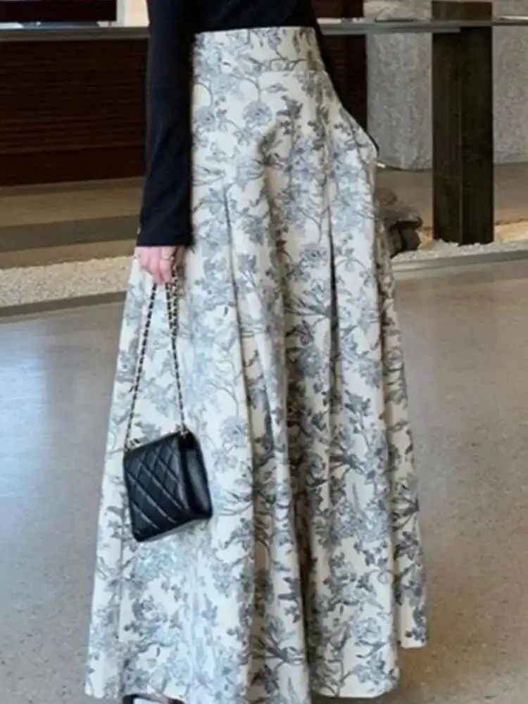 

Женская корейская шикарная юбка трапециевидной формы с принтом, макси-юбка на молнии с высокой талией, юбки до середины икры, весна-лето, контрастный цвет, Mujer Faldas