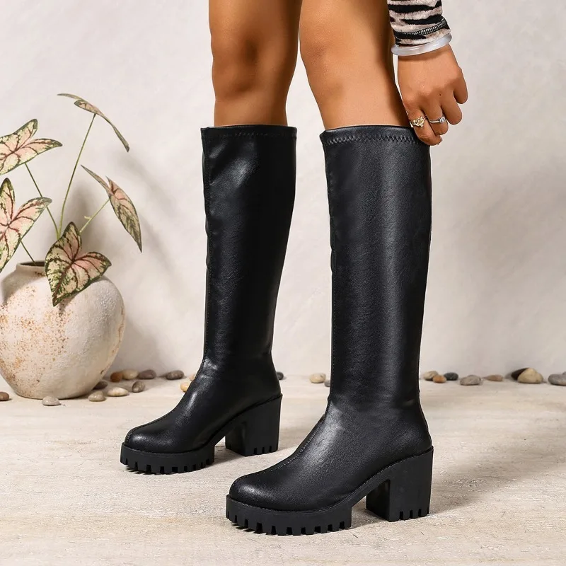 Autumn Winte Knee-high Boots Leather/Flock High Heels Coarse Following Platform Height Increasing Knight Boots for Women Shoes