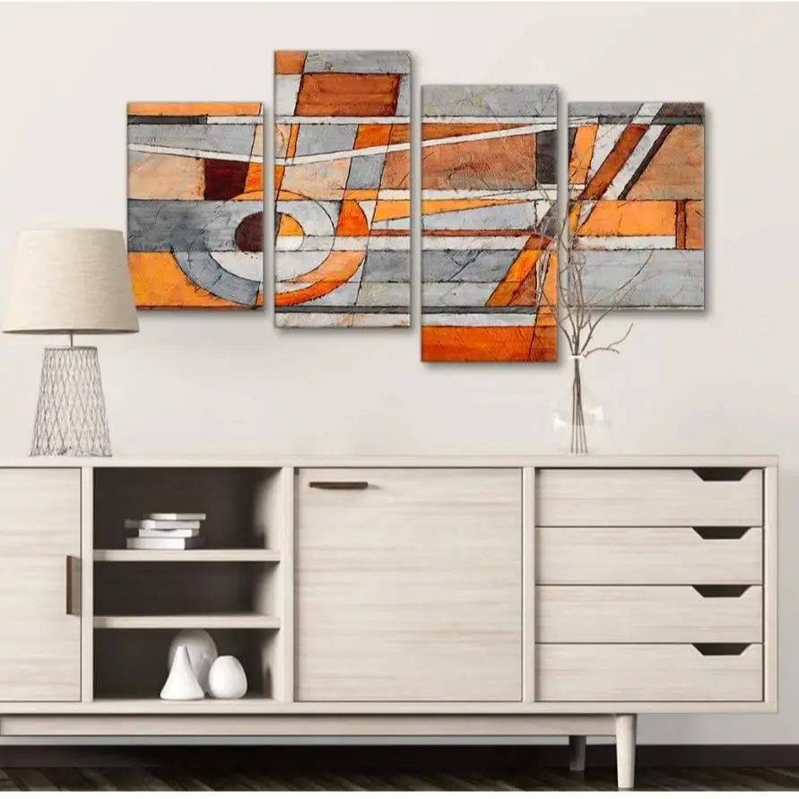 

4 Pieces Burnt Orange Grey Abstract Modular Mural Wall Print Art Canvas Poster Pictures Paintings for Living Room Home Decor