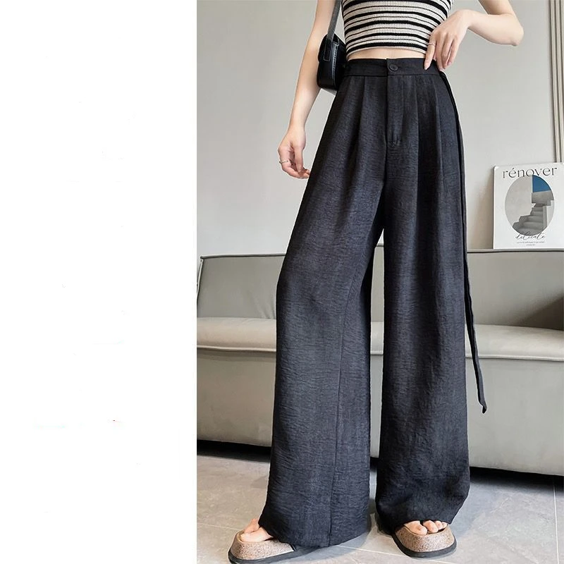 Summer 2024 New Ice Silk Linen High Waisted Bandage Button Solid Wide Leg Trousers Women\'s Fashion Loose Straight Casual Pants