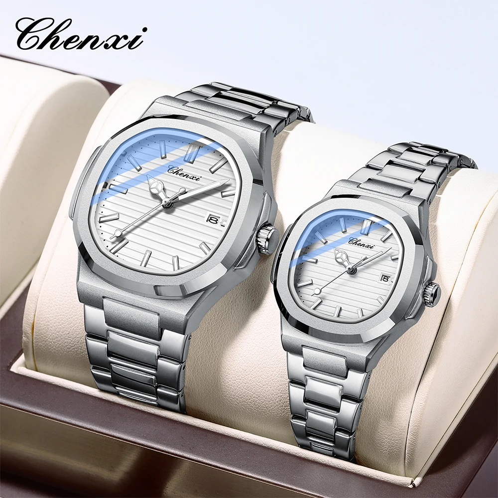 CHENXI Silver Steel Band Couples Watch Fashion Waterproof Luminous Calendar Quartz Men's and Women's Wristwatches Couple Gifts