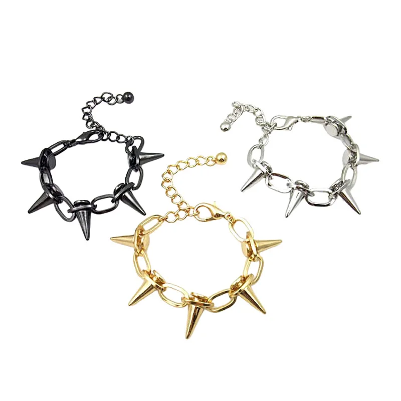 Unisex Spike Cone Statement Bib Necklace Bracelet Set Gothic Punk Mens Womens Black Golden Metal Choker Bangle Jelwery Jewelry view 5