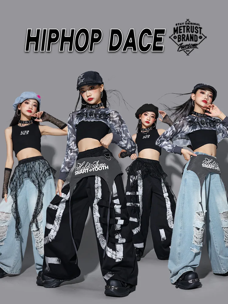 Girls Kpop Hip Hop Clothing Shoulder Tops Black Pants Skirt Cheerlead Jazz Dance Costume Stage Performance Clothes Kids