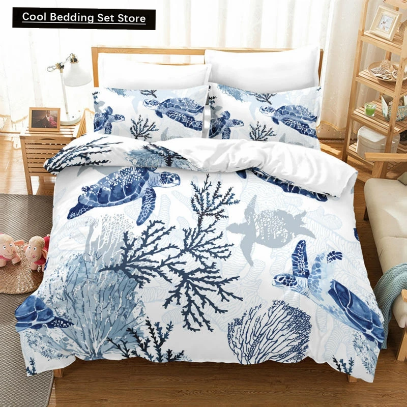 

Sea Turtle Duvet Cover Set Pillow Cases Ocean Animal Turtle Bedding Set Queen King Kids Home Textiles Map Coral Soft Quilt Cover