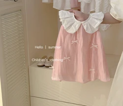 Girls Casual Dresses Summer Korean 2024 Baby Sweet Pink Bow Knot Princess Vest Turn Down Collar 2024 Fashion Bows