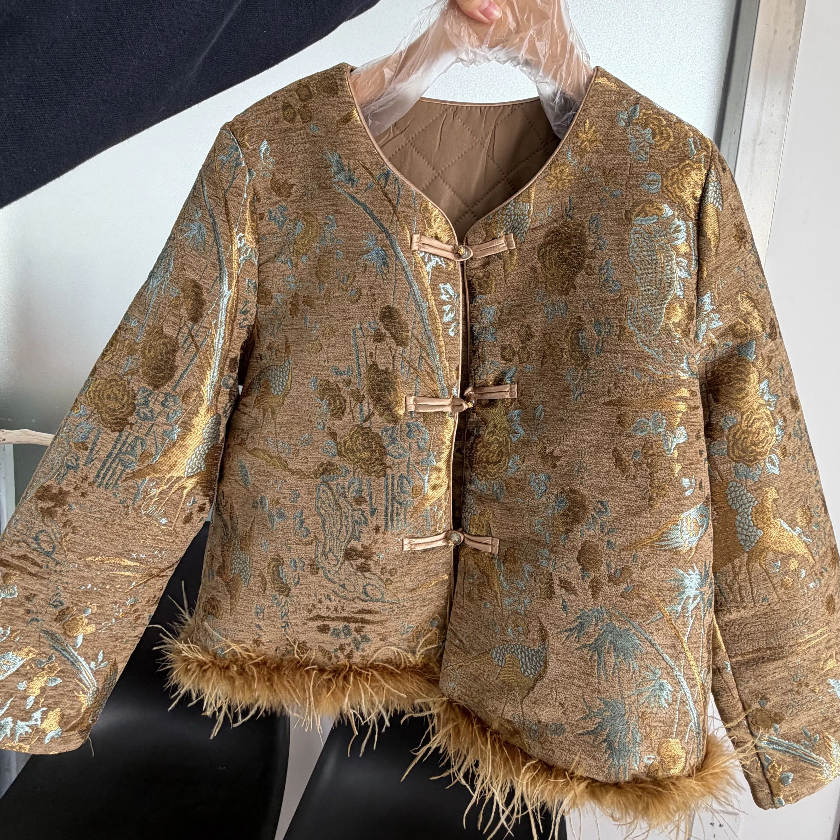 2025 Autumn New Chinese Style Hanfu Costume Jacket Women Luxury Feather Trim Tang Suit Clothes Long Sleeve Outwear Plus Size 4XL