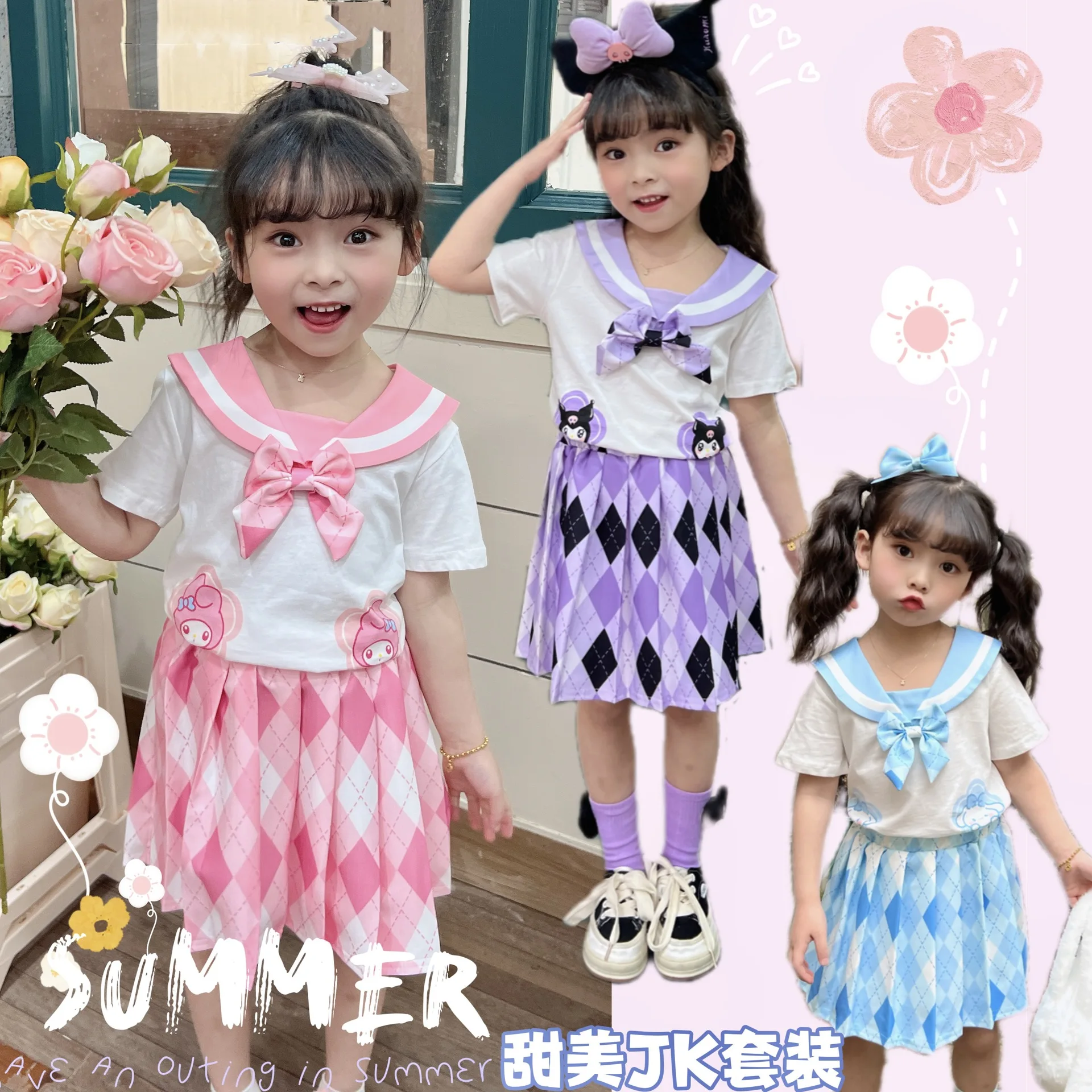 

Sanrio Kuromi Cinnamoroll My Melody Children Jk Set Cartoon Print Navy Collar Cotton T-Shirt Pleated Skirt Uniform Two-Piece Set