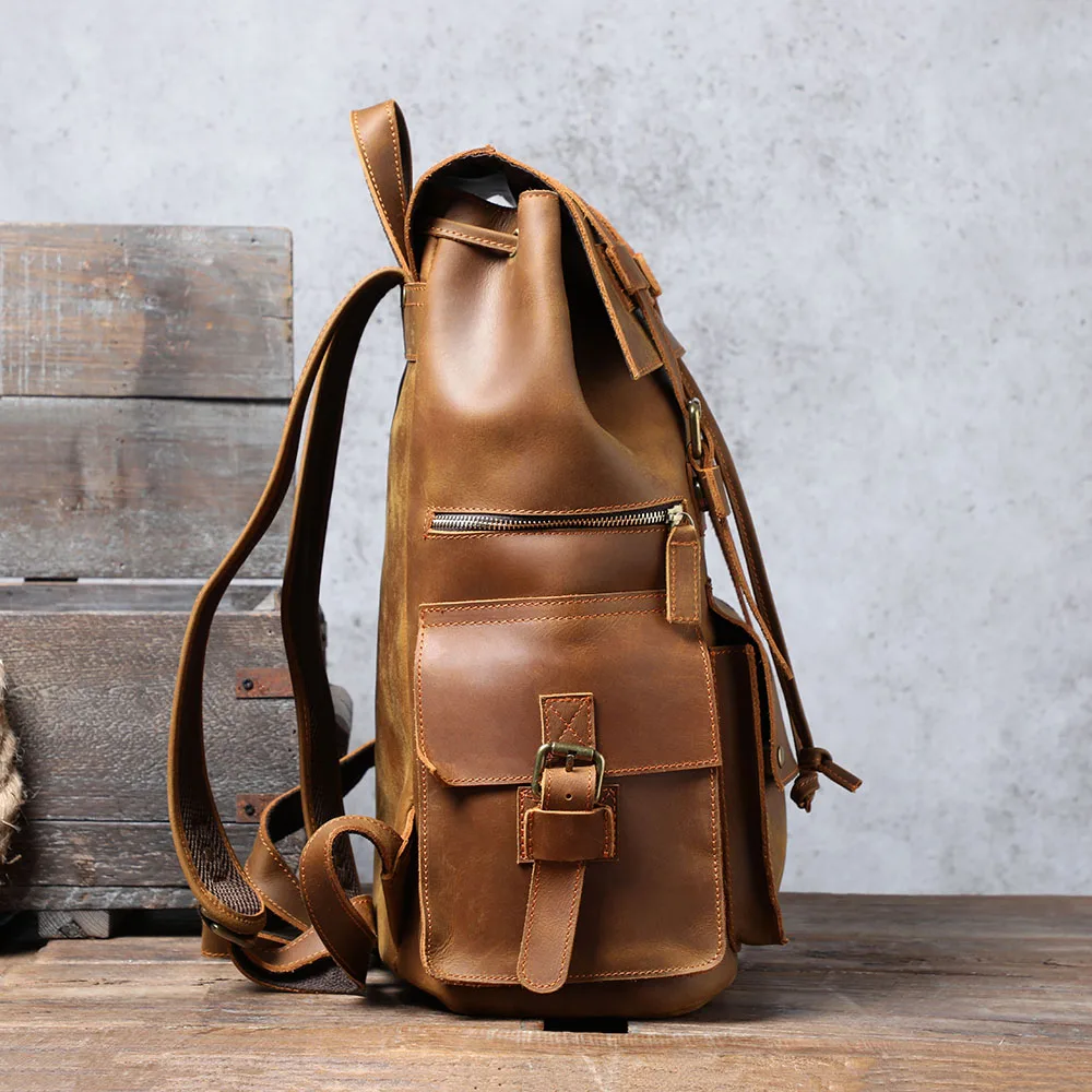 S.WORKER Vintage Echtleder Herrenrucksack Laptop-Tasche Casual Crazy-Horse Leder Schultasche Outdoor Reise-Weekender-Tasche – Detail 8