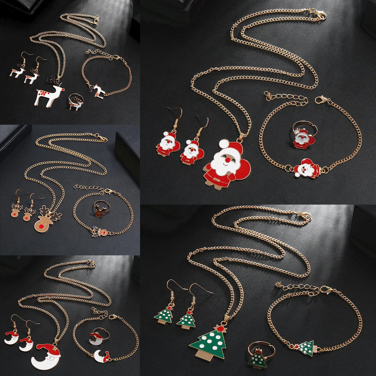 

Christmas Theme Necklace Suit Cute Santa Claus Christmas Tree Alloy Ring Earrings Bracelet Necklace Combination Suit