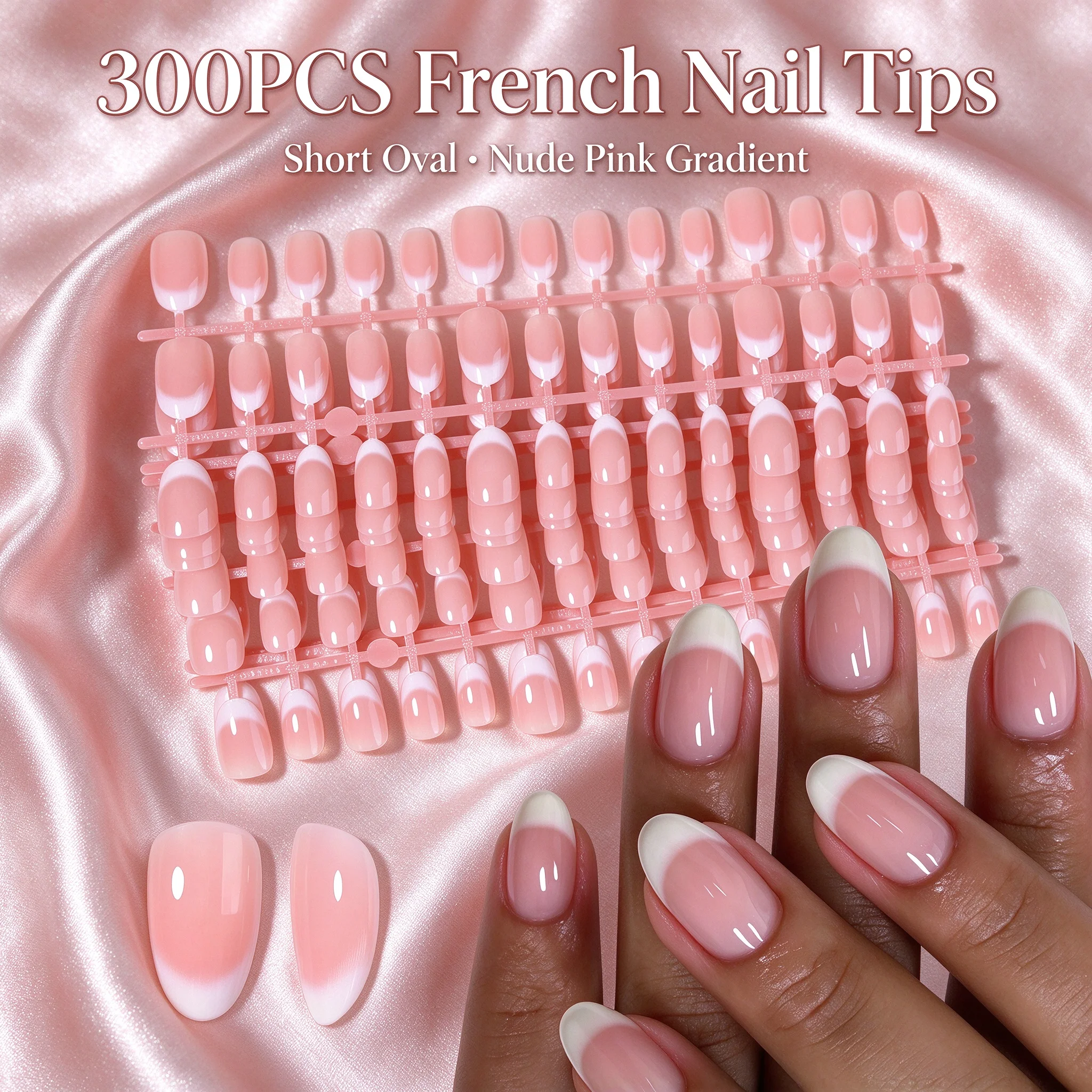 300Pcs Medium Almond Nude Pink French Gradient Nail Tips, Salon False Nails, Gold Plastic Bag Pack, Ideal Gift for Girls & N