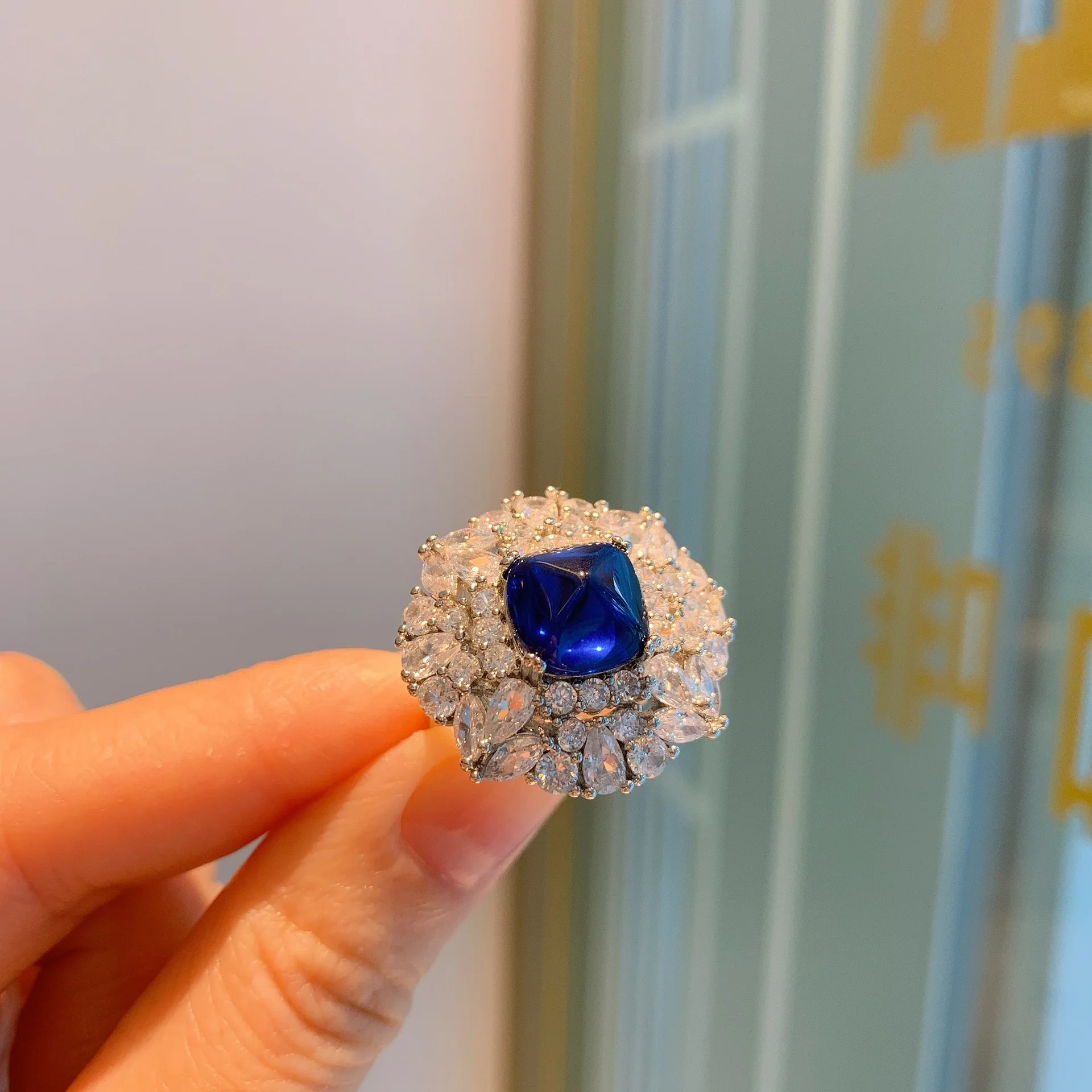 S925 Silver Colored Treasure Green Sugar Tower Blue Treasure Sugar Tower Full Set Ring Children's 10 * 10 Jewelry Wholesale