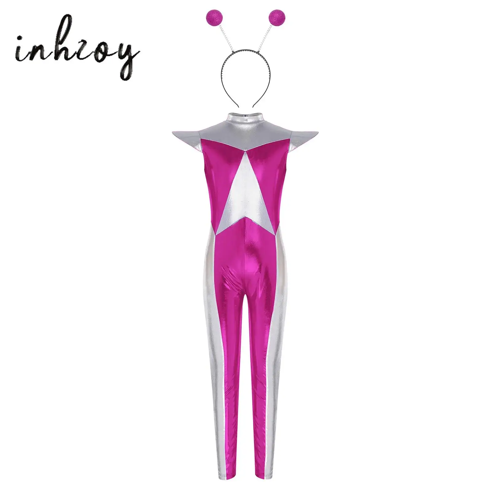 

Girls Alien Role-Playing Costume Set Color Block Shiny Metallic Jumpsuit+Hair Hoop for Halloween Cosplay Theme Party Fancy Ball