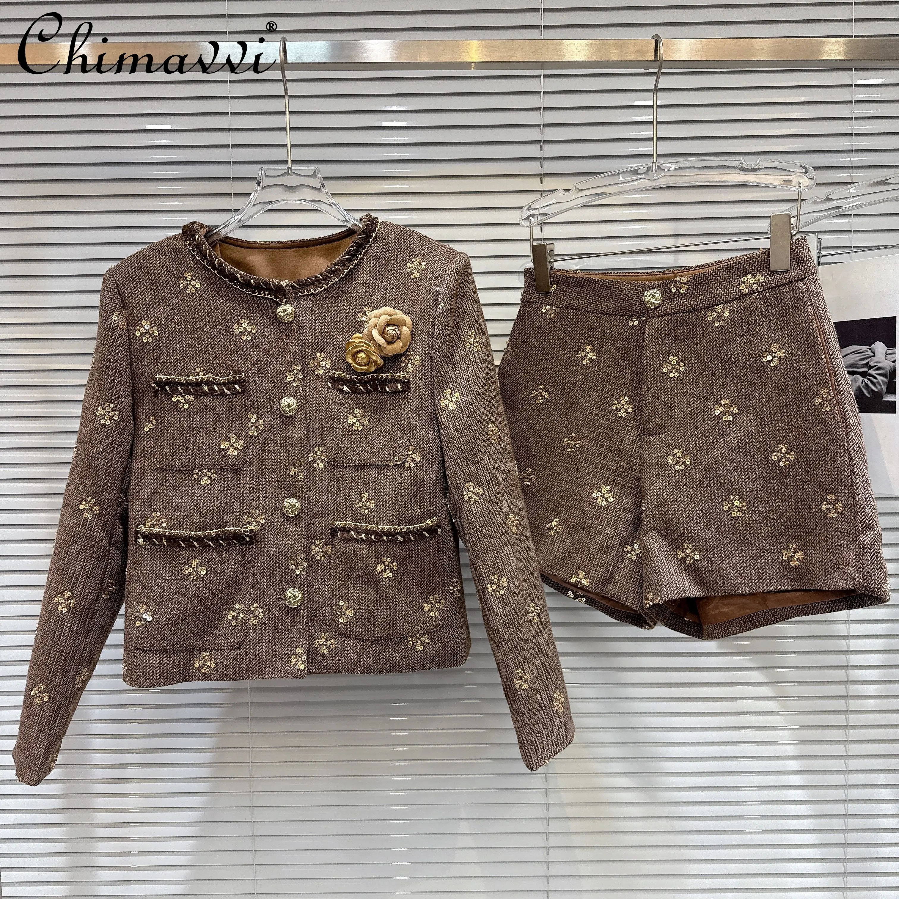 

French Elegant Retro Socialite Sequin Single-breasted Padded Short Jackets High Waist Slim Shorts Women's Two-Piece Set Winter