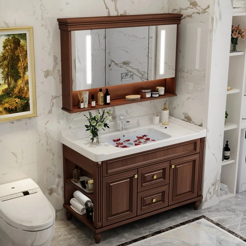 

Smart mirror cabinet integrated ceramic basin American bathroom cabinet New Chinese solid wood bathroom cabinet Rock slab