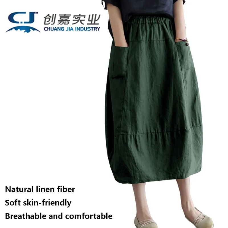 

Linen Spring and Summer Lady Half Skirt New Dark Green All-match Casual Large Size A-line Temperament Long Skirt Good quality