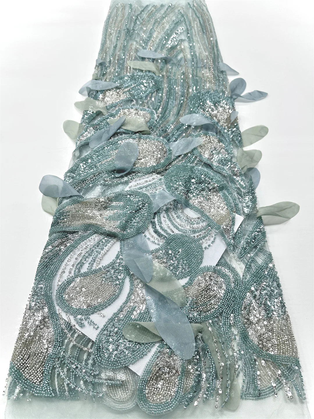 Di lusso 3D Del Merletto Africano Perline Pesanti Tessuto di Pizzo di Alta Qualità 5 Metri Nigeriano Paillettes Francese Tessuto di Tulle Materiale Per La Cerimonia Nuziale