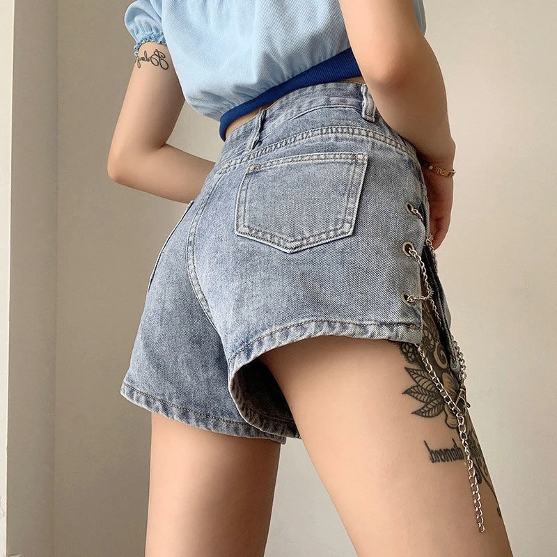 Rimocy Fashion Chain Blue Denim Shorts for Women 2024 Sexy Split High Waist Shorts Woman Summer Streetwear Short Jeans Female