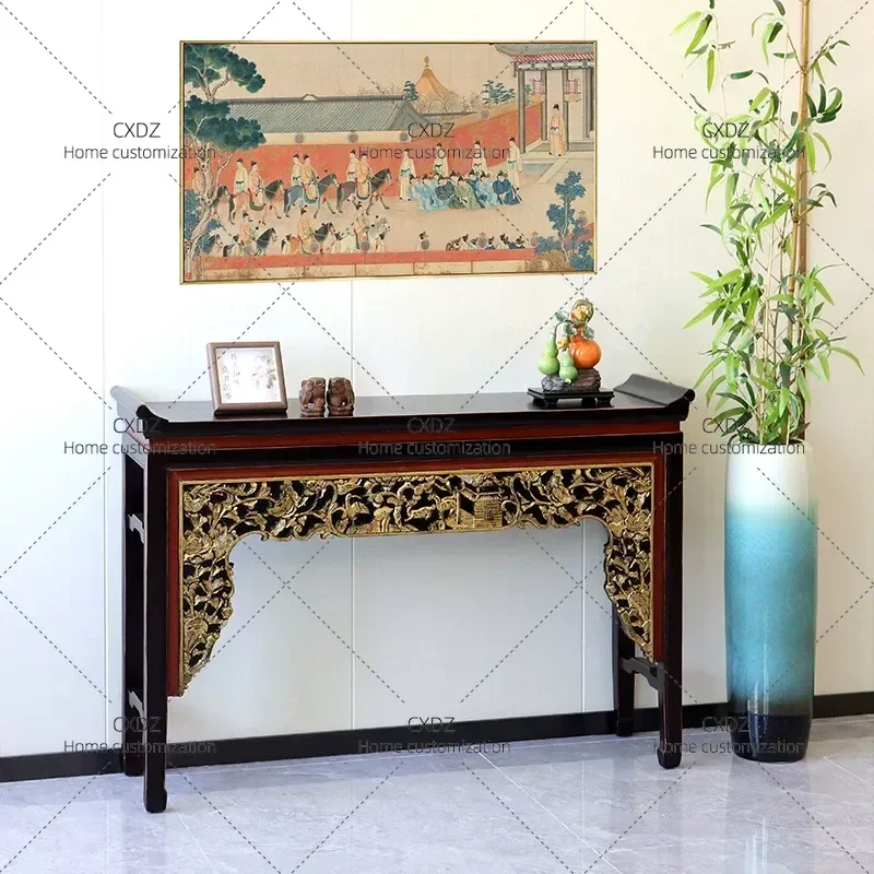 Retro Carved Gold Painted Solid Wood Console Table New Chinese Style Living Room Entrance Hallway Antique Buddha Tea Room