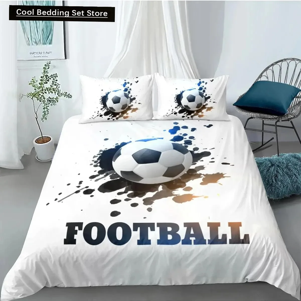 Soccer Duvet Cover Set FootBall and Old Plaster Wall Damage Destruction Punching Bedding Set Teens Queen Polyester Quilt Cover