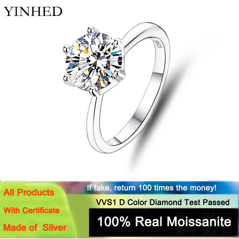 

YINHED 2 Carat D Color Round Moissanite Anti-Stress Ring 925 Sterling Silver Engagement Wedding Women's Ring Fine Jewelry