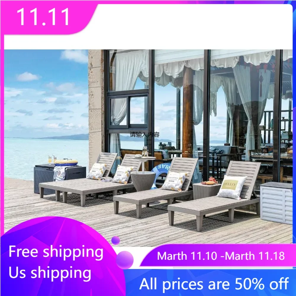 Adjustable 5-angle outdoor lounge chair, resin pool lounge chair waterproof lounge chair, gray