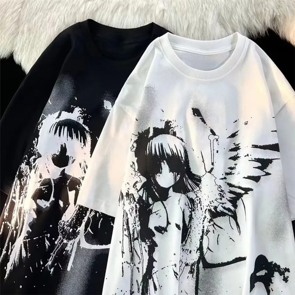Retro Japanese Angel Printed Men's and Women's Short sleeved T-shirt Summer Harajuku Casual Loose Cotton Couple T-shirt Clothing