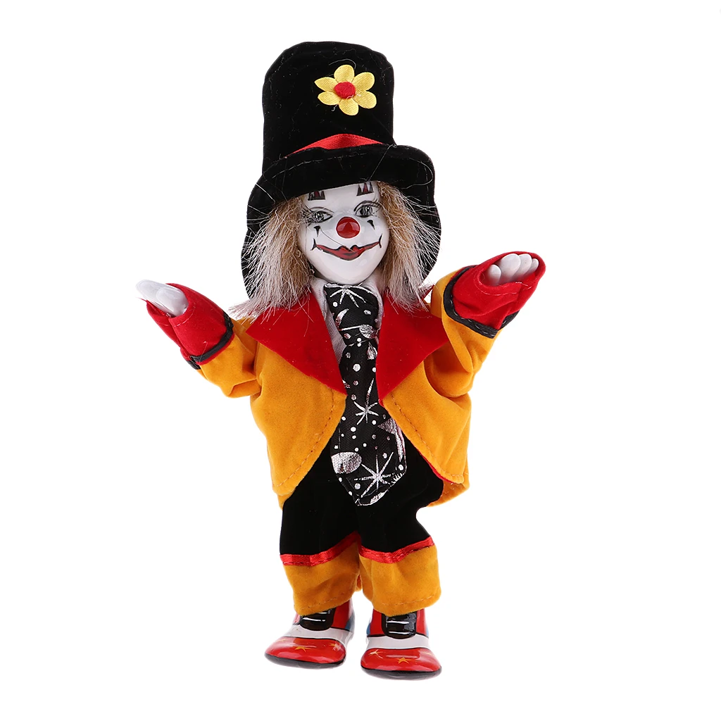 7 Inch Porcelain Smiling Clown Doll Wearing Colorful Outfits Funny Harlequin Doll Props Halloween Decor