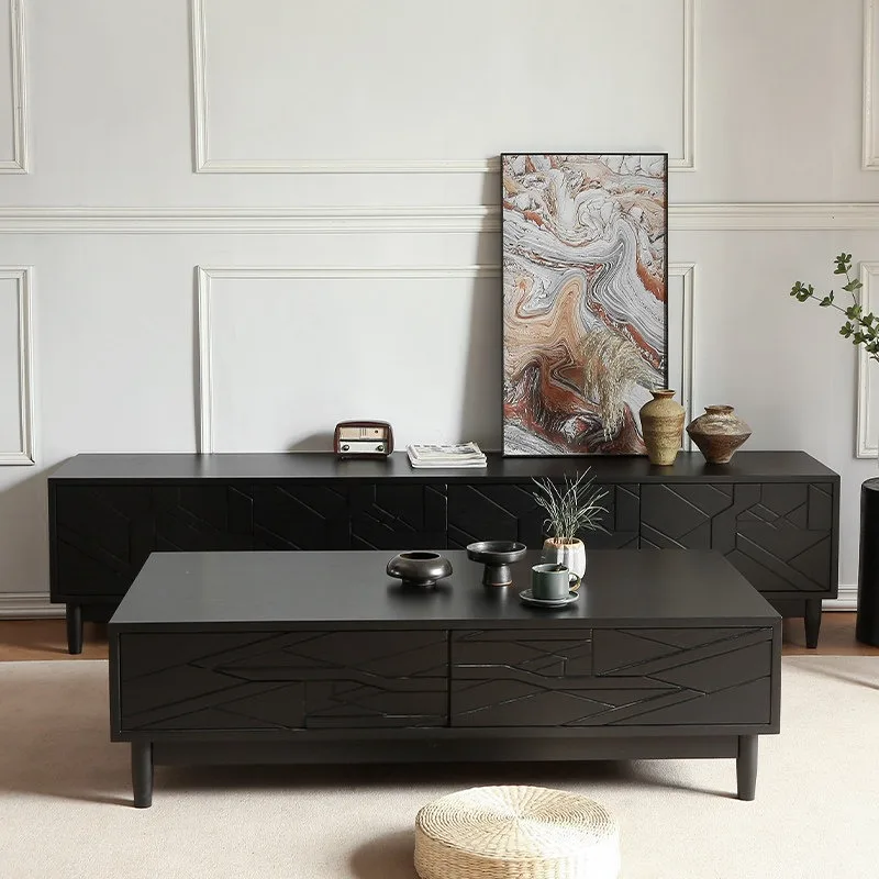 Nordic simple solid wood TV cabinet coffee table combination, medieval log floor storage cabinet, living room carved