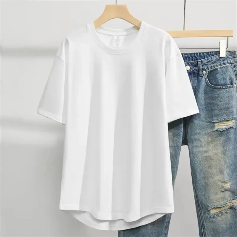 2024 260g short-sleeved pure cotton T-shirt with arc hem for men's solid color heavy cotton T-top for men