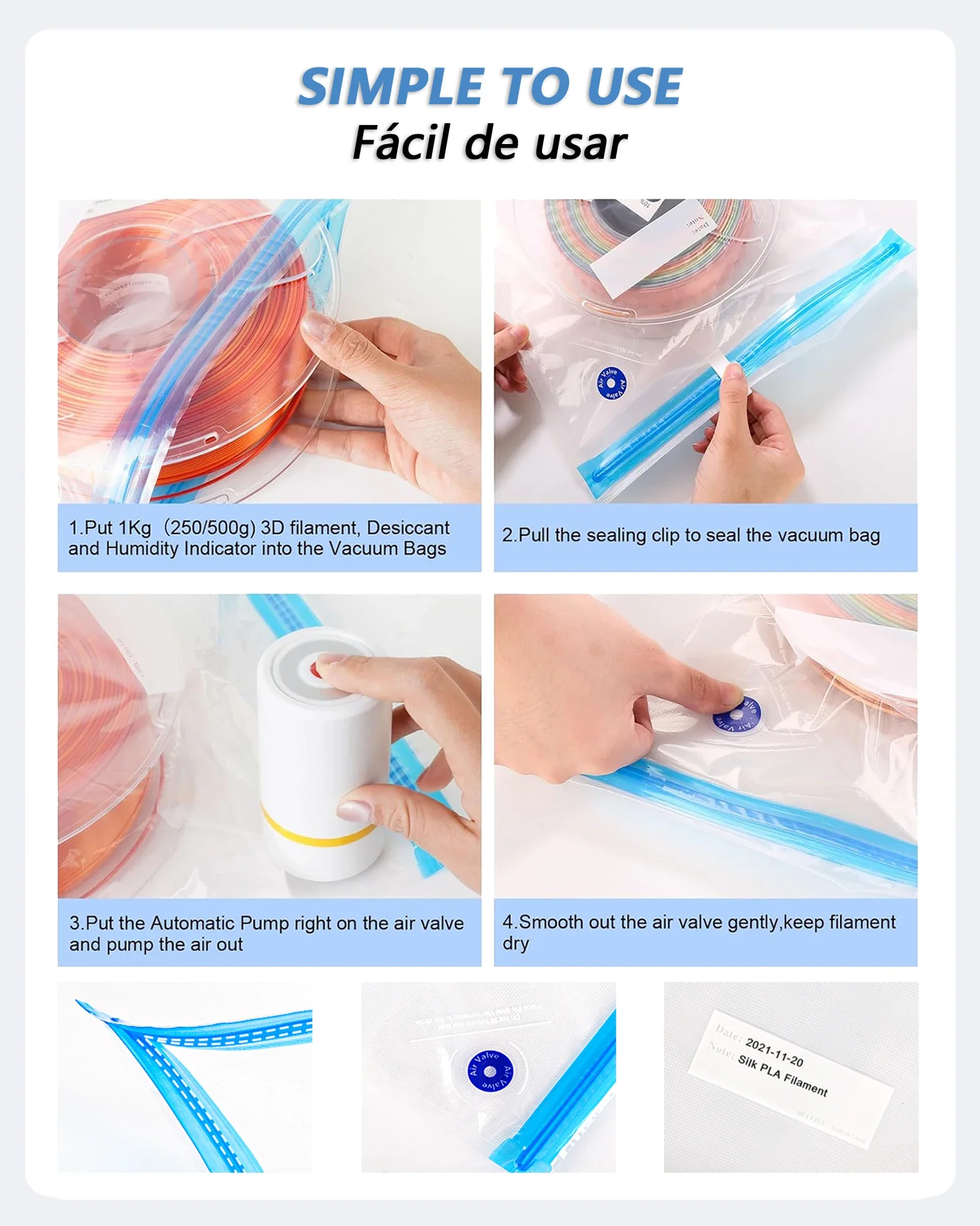 حقيبة مكنسة بخيوط الطابعة ثلاثية الأبعاد مع مضخة هواء كهربائية قابلة لإعادة الشحن عبر USB، ختم مكنسة كهربائية لتخزين خيوط PLA ABS PETG #6