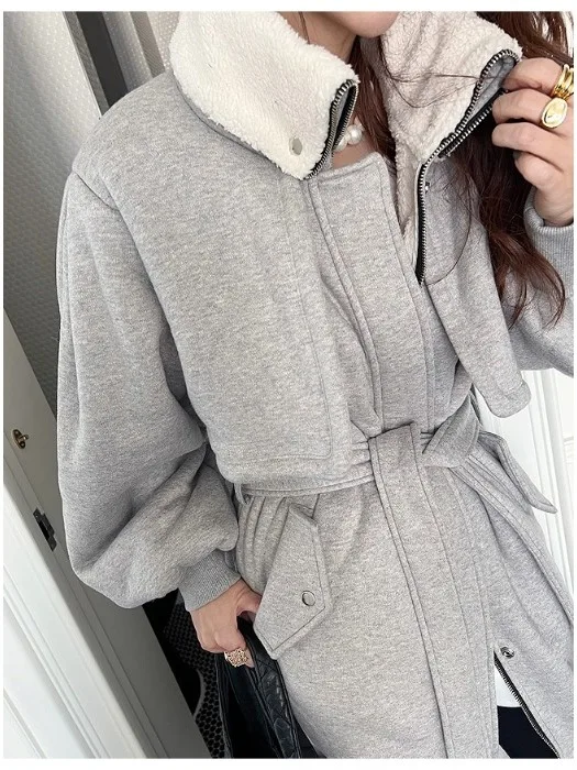 

Retro Tie Waist Long Sve Sweatirt Jaet Women's Warm Versatile Belted Slimming Outerwear Commute Sle Color