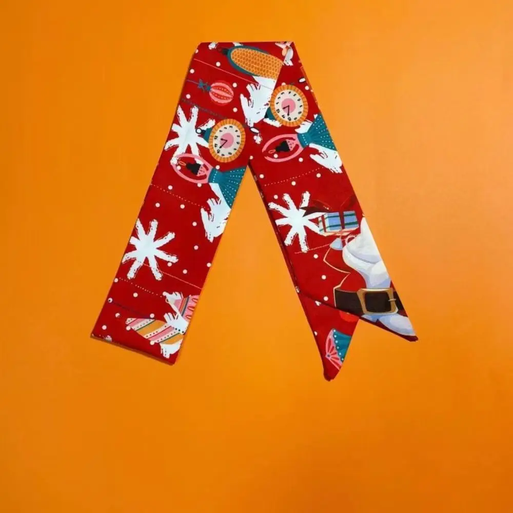 Simple Ribbon Headband Christmas Silk Scarf Printed Red New Year Scarf Elk Neckerchief Scarf Hair Band Female