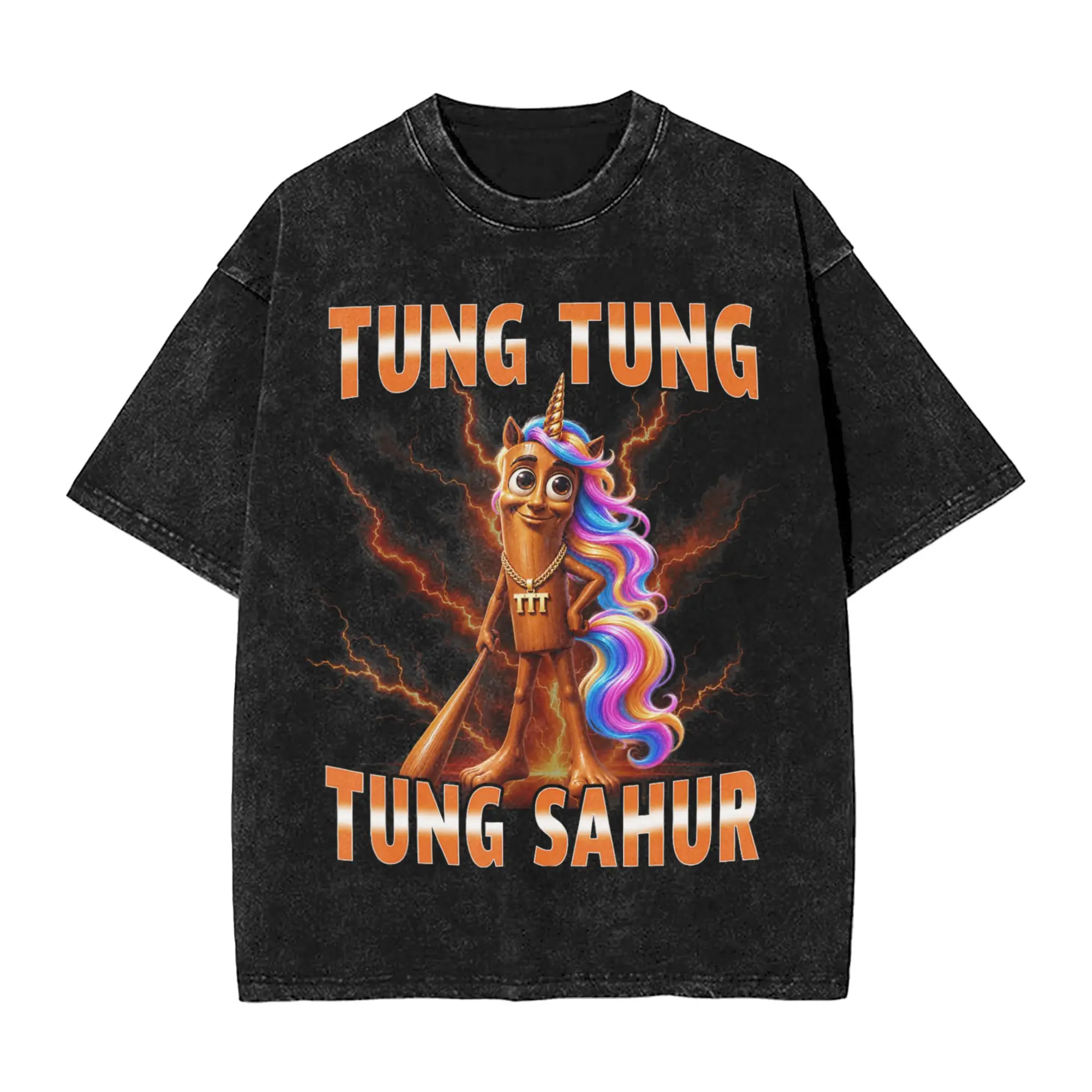 Amazing Funny Tung Tung Sahur Unicorn Rainbow Hair Lightning T-Shirt Men Cotton Washed T Shirt  Short Sleeve Tees Gift Clothes