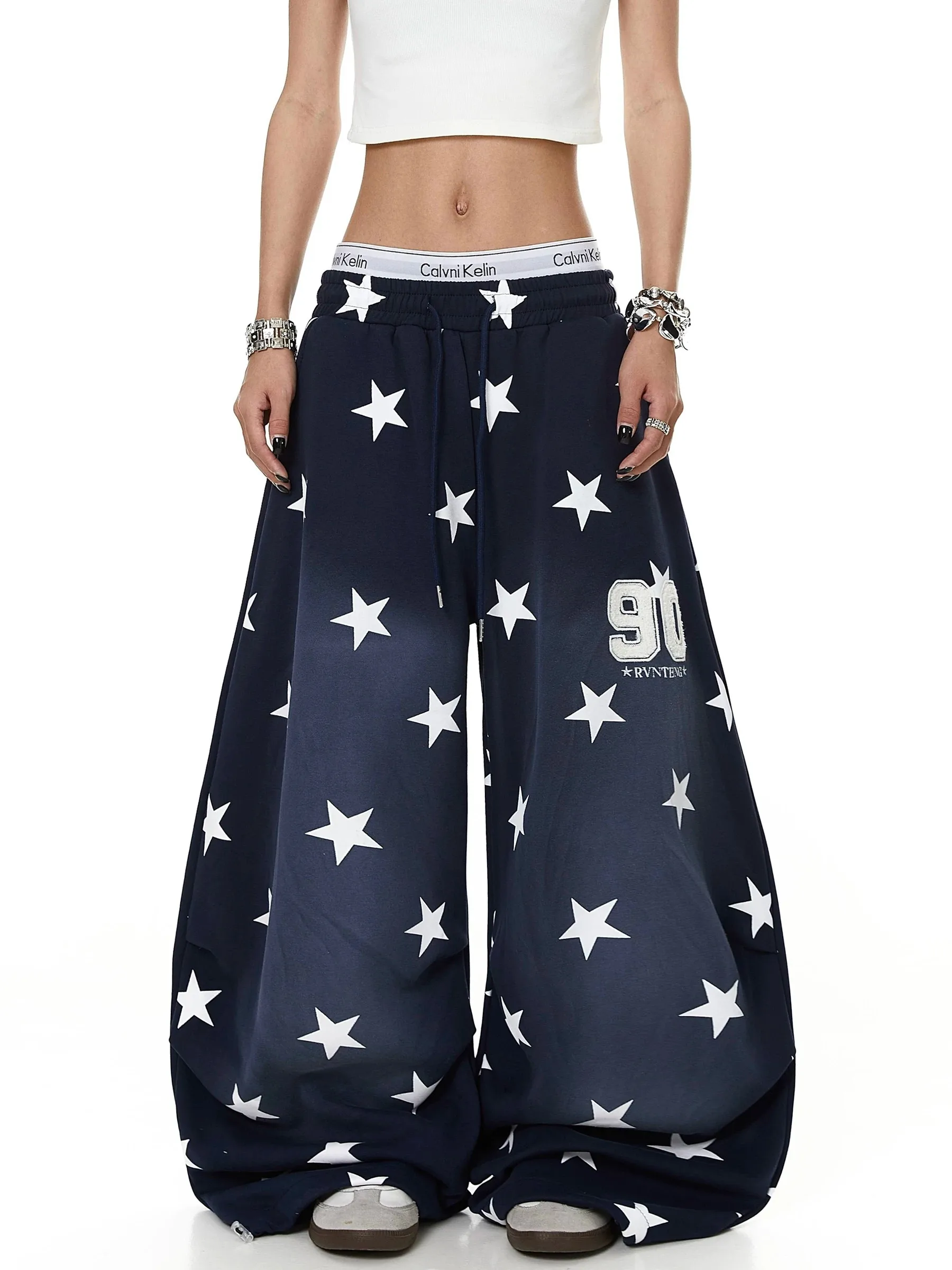 American Style Faded Gradient Star Print Sports Sweatpants Loose Drapey Casual Pants for Men And Women Harajuku Style Wide Le...