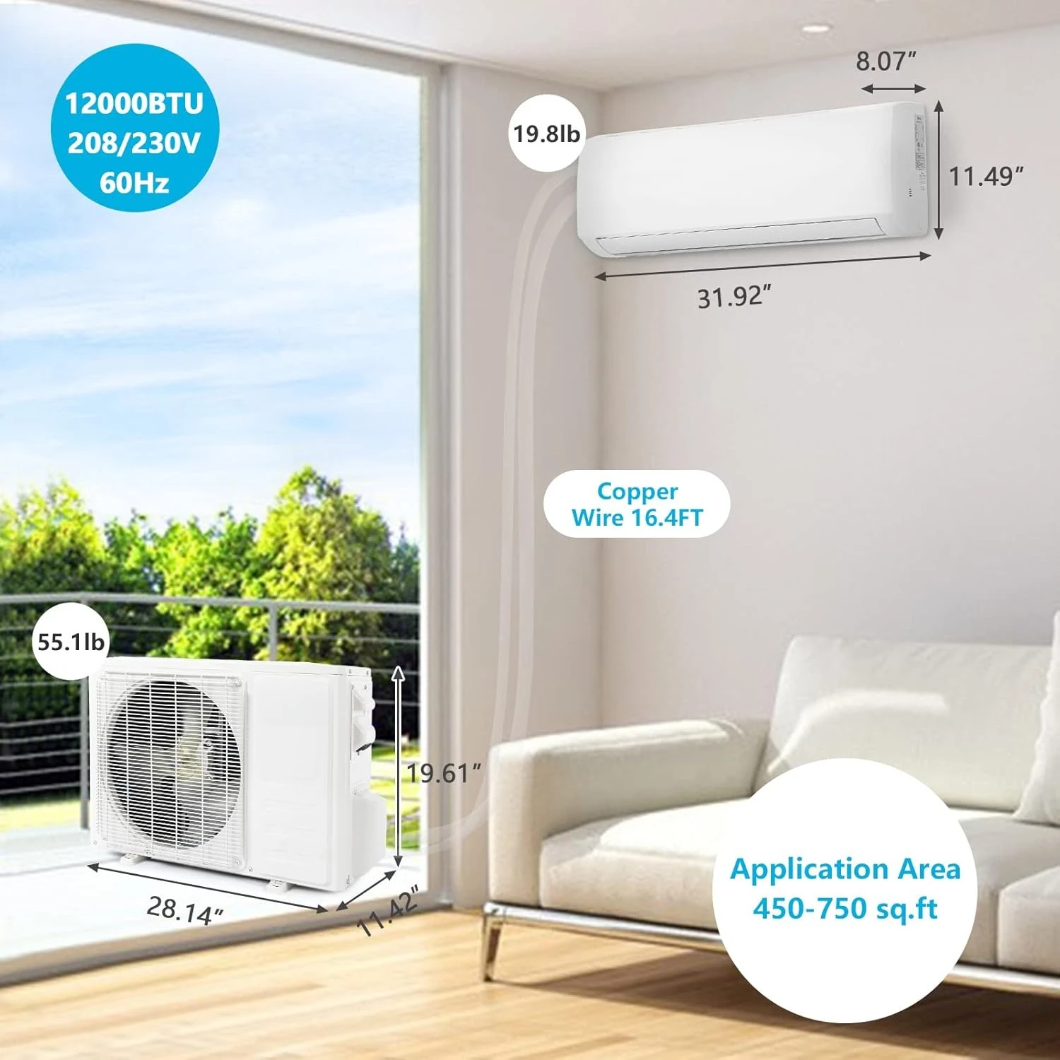 12000 BTU 21 SEER Inverter Mini Split Air Conditioner 230V Energy Saving Split System AC with Pre-Charged Condenser  ized