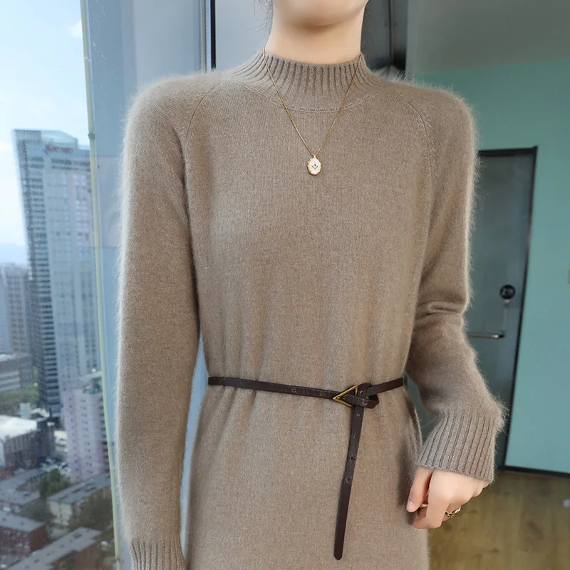 

Simple Style 100% Mink Cashmere Elastic Sweater Pullover Women Mock-Neck Long Sleeve Knitwear Basic Elegant Warm Long Dress