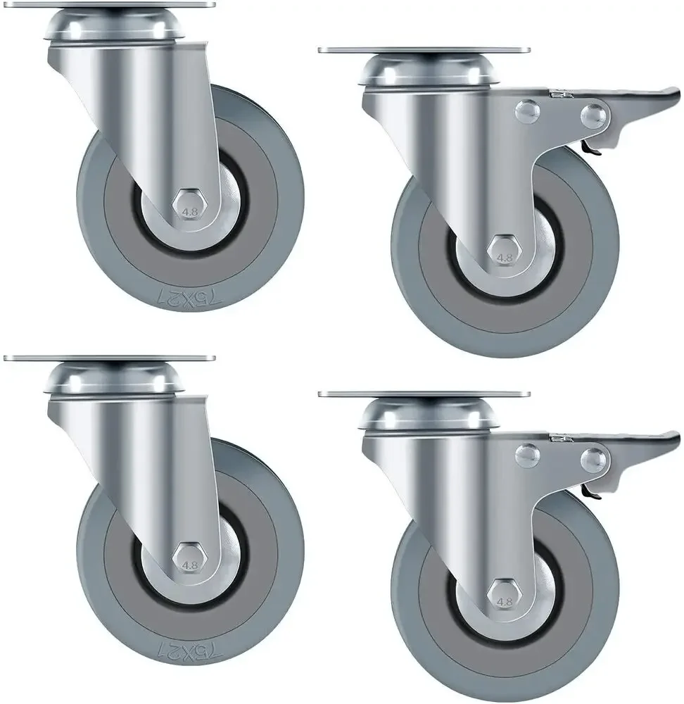 Set mit 4 Transportrollen Ø75 mm, mit Bremse, Lenkrollen, Hochleistungsrollen, feste Rollen, Tragfähigkeit 150 kg