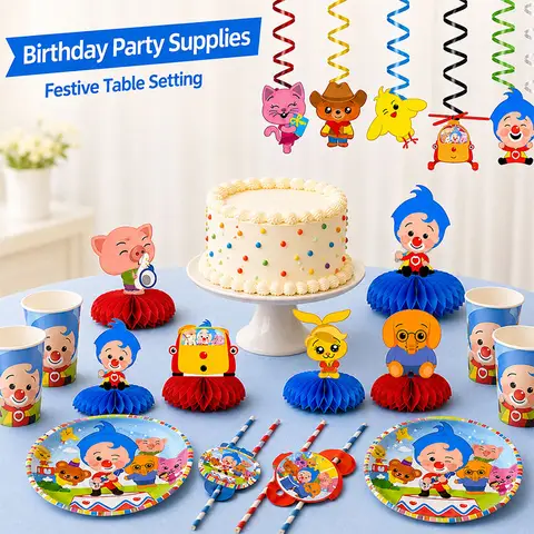 Circus Clown Cartoon Festival Decor Pack Disposable Tableware Plates Cups Straws Honeycombs Spiral Birthday Gathering Accessorie
