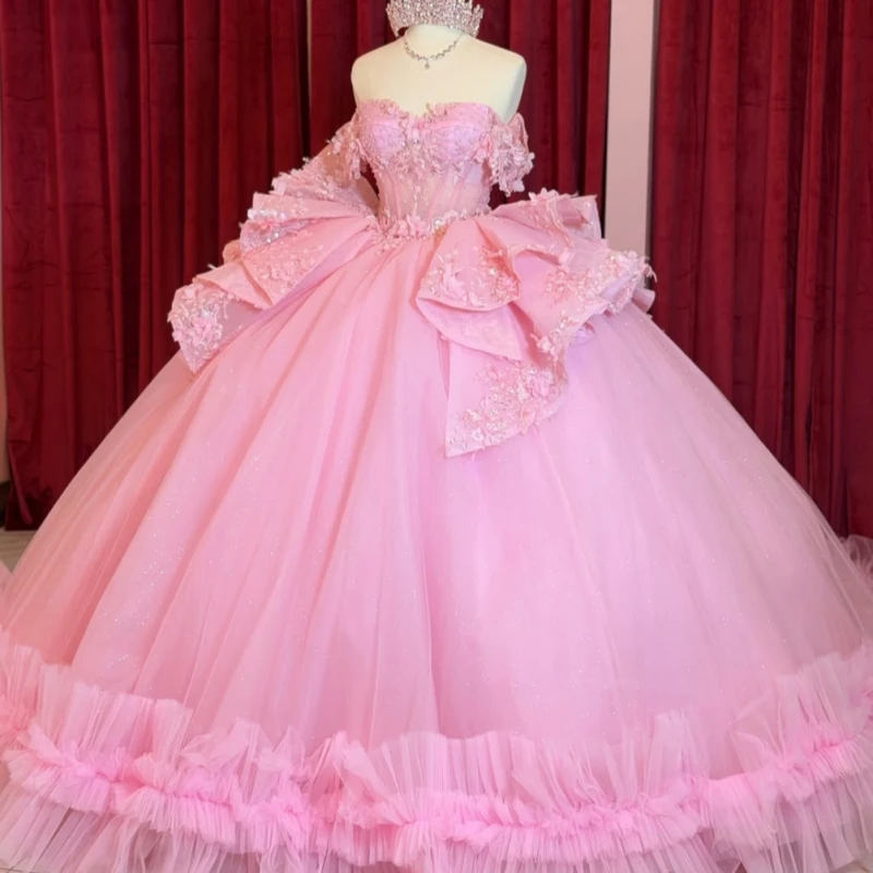 Pink Glitter Quinceanera Dresses Off Shoulder Ball Gown Sweet 16 Dress Applique Lace Beading Crystal Bow Tiered Tull Party Birth
