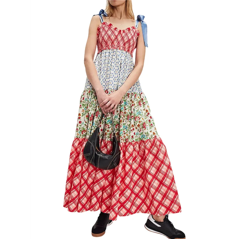 NUOVE donne floreali Boho vestito estivo cravatta spalla smocked patchwork abiti maxi fluidi con tasche estate autunno