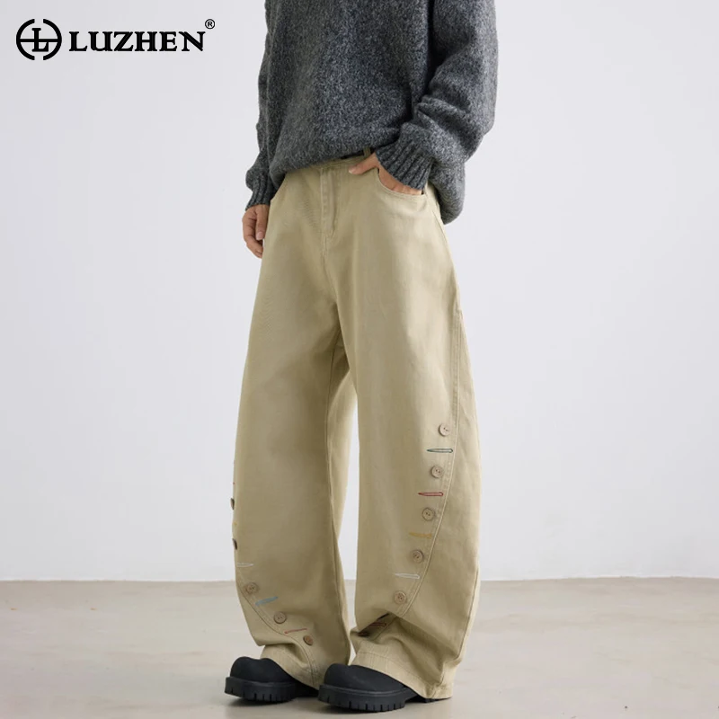 

LUZHEN, однотонные прямые повседневные джинсовые брюки с украшением на пуговицах, мужские повседневные джинсы 2025 года, новые красивые модные джинсы высокого качества JY4021