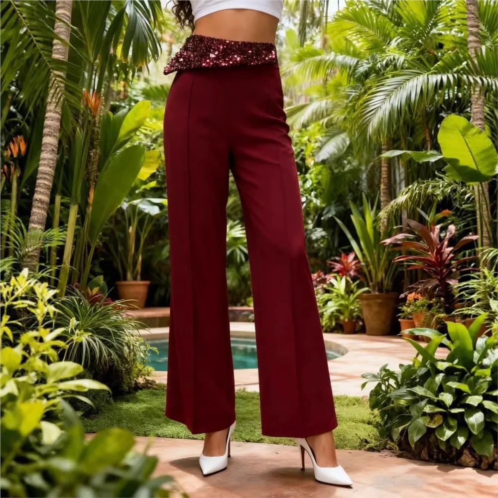 موضة الترتر خياطة عالية الخصر بنطلون المرأة ربيع جديد مكتب التخسيس عالية الخصر مستقيم من خلال بنطلون أنثى #2