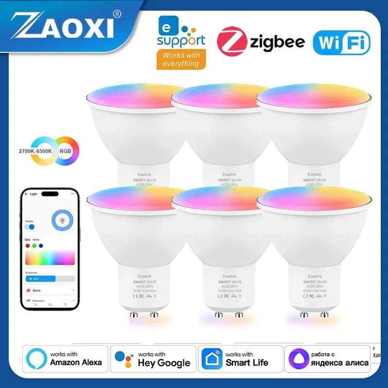 

ZAOXI Zigbee WIFI Smart Light Bulb GU10 5W 85-265V Voice Control RGB Dimming LED Lights Compatible APP Alexa Google Assistant